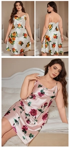 Détail d'une nuisette en satin grande taille avec motif rose et texture soyeuse