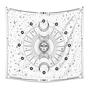 Detailed black line art on white tapestry featuring sun, moon phases and zodiac symbols