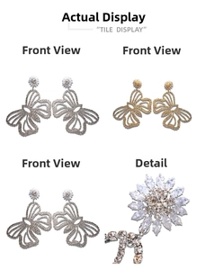 Macro detail of oversized butterfly bow earrings with white rhinestones in gold and silver