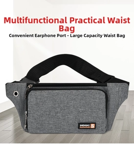 Detail of grey oxford waist bag featuring adjustable buckle strap and built-in earphone hole