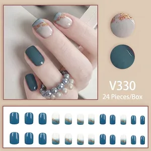 Haze blue and gold foil gradient press-on nails set, 24 pieces reusable almond shape nails