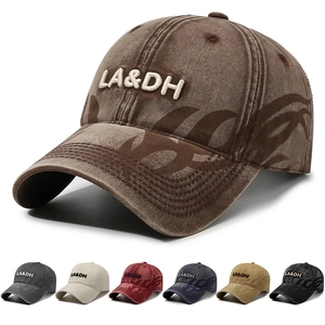Washed Cotton Baseball Cap Vintage Distressed Letter Embroidery Flame Print Adjustable Sun Hat For Men Women