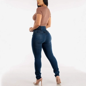 Schlanke High-Waist-Damenjeans in Blau mit Push-up-Effekt in der Seiten- und Rückansicht