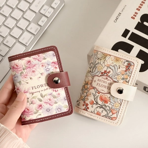 Floral retro card holder with multiple slots and snap closure in artistic oil painting style