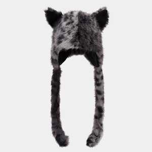 Plush faux fur animal hat with black and grey stripes and cute long ear flaps