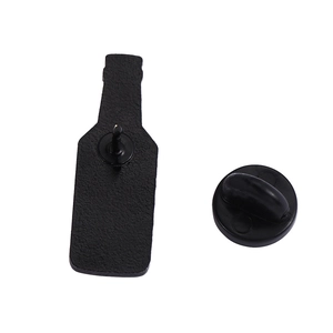 Back view of black enamel wine bottle pin with needle and secure rubber clutch clasp