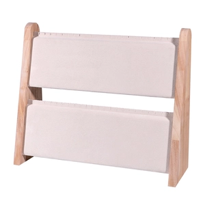 Double-tier wooden jewelry display stand with beige velvet for necklace storage