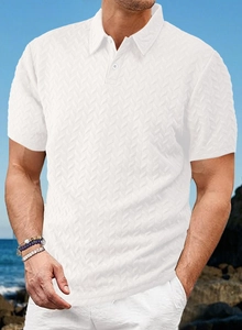 Detail of white men's Polo shirt featuring breathable herringbone textured knit fabric