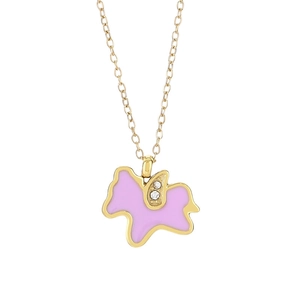 Gold unicorn necklace with pink enamel and crystals on white background