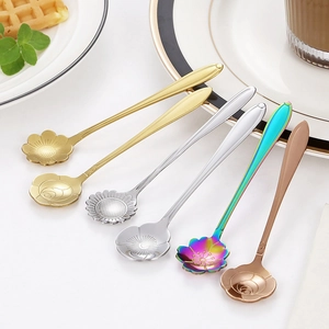 Set of floral stainless steel dessert spoons in gold silver and rainbow finishes