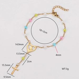 Bracelet perlé en acier 304 coloré avec breloques cœur et croix et détails de taille