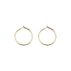 Minimalist round metal hoop earrings in polished gold finish shown on white background