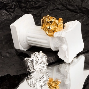 Chic irregular molten metal rings in gold and silver finish with abstract wrinkled texture