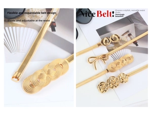 Detail of gold elastic spring waist chain with rose and bow metal buckle fasteners