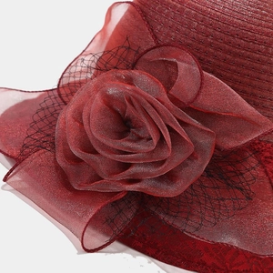 Elegant dark red organza flower sun hat with black mesh veil for summer garden weddings