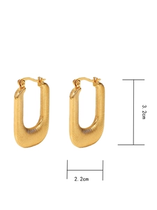 Detailed view of textured gold rectangular hoop earrings showing 3.2cm by 2.2cm dimensions