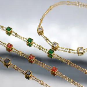 Elegant French Style Square Rhinestone Stainless Steel Bracelet Gold Plated Geometric Fashion Jewelry For Women Daily Banquet