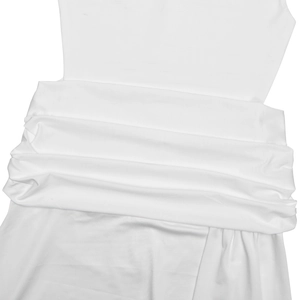 Close-up detail of pleated ruching design on white sleeveless bodycon maxi dress