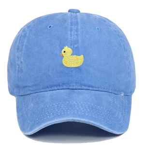 Light blue washed cotton baseball cap featuring a yellow cartoon duck embroidery