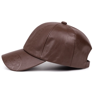 Brown PU leather baseball cap with vintage New York 1985 Boston embossed logo detail