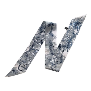 Close-up of blue and white letter print silk skinny scarf for hair and bags