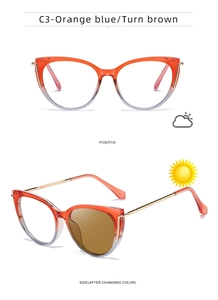 Cat-eye photochromic glasses frame C3 showing orange-blue gradient to brown tint transition