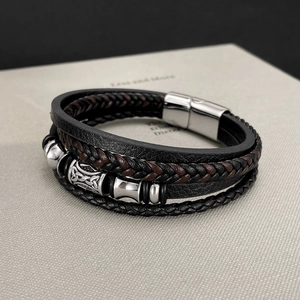 Men's multi-layer braided leather bracelet with stainless steel beads and silver metal clasp