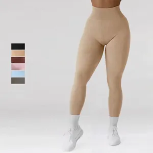 Pantalon de Yoga Nervuré Sans Couture Taille Haute pour Femmes Ventre Plat Leggings de Fitness Course Bottom