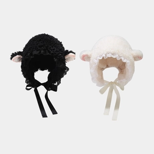 Plush Lamb Ear Protection Hat Lace Trim Faux Fur Warm Winter Bonnet Ribbon Tie Kawaii Lolita Style For Women