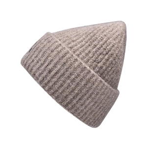 Close-up of beige ribbed knit beanie featuring detailed embroidery and soft texture