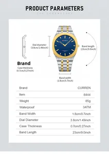 Detailed size chart for Curren 8444 square watch with case thickness and band dimensions