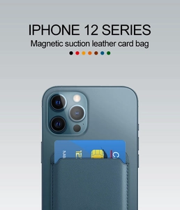Detail showing Navy Blue lychee leather MagSafe card holder with bank card for iPhone