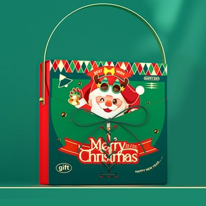 Christmas gift box with green and red theme featuring handle and festive greeting