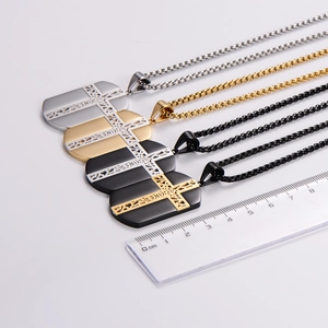 Men's stainless steel shield cross dog tag necklaces in gold, silver, and black colors