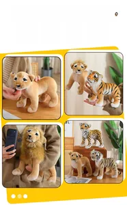 Realistic lion, tiger, and leopard plush toys shown in cozy home decor scenes