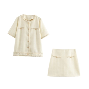 Élégant Haut À Manches Courtes En Tweed Et Mini Jupe Trapèze Pour Femmes Boutons Dorés Franges