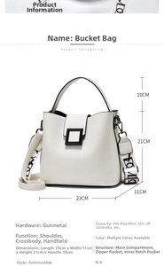 Detailed specs of white pebble leather bucket bag with gunmetal hardware and strap info