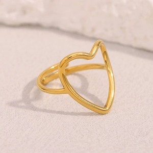 Detail of 18K gold plated heart hollow ring resting on a textured stone background