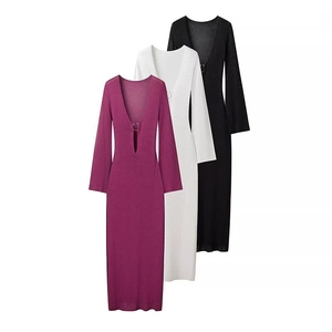 Deep V-neck knit long dresses with flared sleeves in burgundy, white and black colors