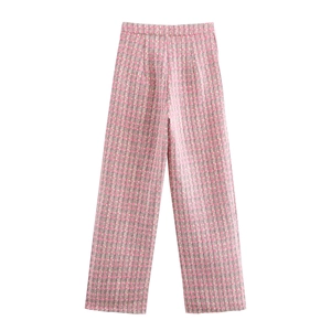 Pantalon large décontracté en tweed pour femmes avec motif à carreaux rose et beige à plat