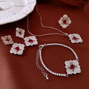 Luxury ruby red zircon flower jewelry set with necklace, bracelet, earrings and ring