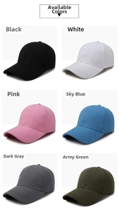 Six different colors of basic cotton baseball caps including black, white and blue
