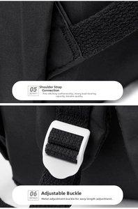 Detail of reinforced stitching and adjustable buckle on black school backpack straps