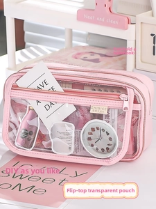 Close-up of pink pencil case with transparent DIY pocket and multi-layer storage capacity