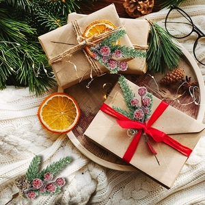 Artificial pine picks with red berries for Christmas gift box decoration and DIY crafts