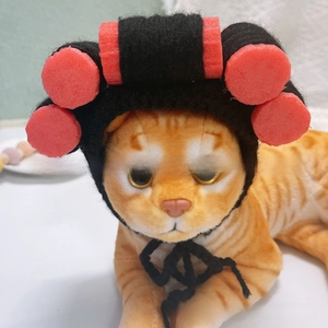 Handmade knitted pet headwear with retro red curlers design for cats and dogs halloween
