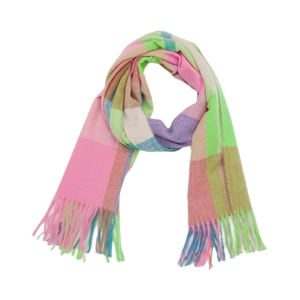 Close-up of thick plaid scarf featuring colorful tassels and soft textured knit fabric