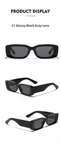 Detailed views of chunky black rectangular sunglasses with dark grey UV lenses