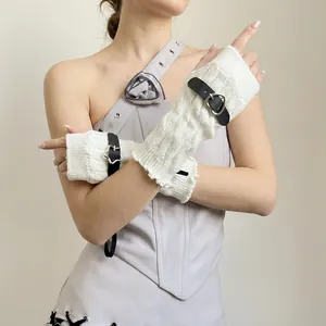 Y2k Punk Knitted Fingerless Arm Warmers Heart Star Metal Leather Buckle Chain Sleeves For Cosplay Party
