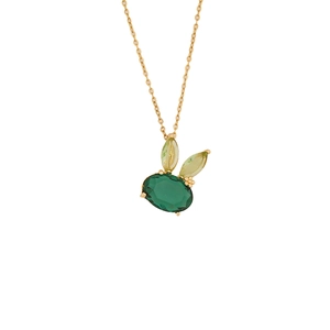 Golden rabbit pendant necklace with green gemstones on a delicate stainless steel chain